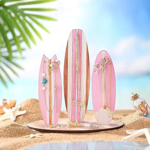 Wonderjune Jewelry Organizer Stand, Coastal Christmas Surfboard Decor, Preppy Beach Room Decor, Wooden Hawaii Surfer Gift, Teen Girl Room Decoration(Pink) thumbnail 4