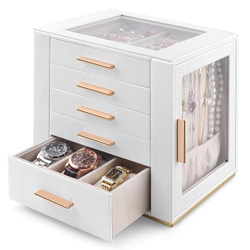 Homeanda Jewelry Box for Women with Glass Lid, 5 Drawers Jewelry Organizer and Storage for Necklaces, Rings, Earrings, Bracelets, Gift for Girls and Teens,PU Leather (White) - Image 1