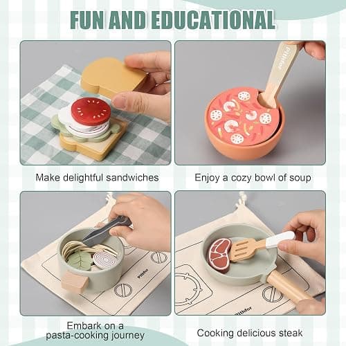 Pithfor Wooden Play Cooking Set, Pretend Play Kitchen Accessories Toys Set for Kids Toddlers, Including Play Dishes, Pot and Pan, Utensils, Gifts for 3 4 5 Years Old Girls Boys thumbnail 5