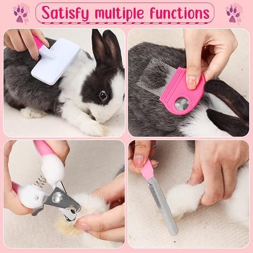 VCZONE Pink Small Animal Grooming Kit with Nail Clipper, Flea Comb, Shampoo Brush, Slicker Brush, Massage Glove for Rabbits thumbnail 3