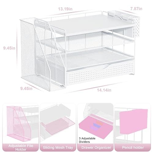 gianotter Wood Desk Organizers and Accessories with File Holder, 4-Tier Desk Accessories & Workspace Organizers with Drawer and Pen Holder, Paper Organizer for Office Supplies (White) thumbnail 3