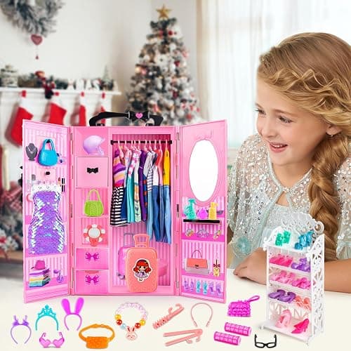 137 Pcs Doll Closet Playset Clothes and Accessories for 11.5 Inch Dolls, Included Princess Dresses,Fashion Dresses,Casual Clothing,Swimsuits,Bags,Shoes,Doll Dress up Toys for Girls Kids Toddlers Gifts thumbnail 2