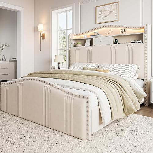 CIKUNASI 51.5" Full Size Bed Frame with Headboard and Storage | Velvet Upholstered Bed Frame with LED Lights & Charging Station | No Box Spring Needed Tall Footboard White - Image 1
