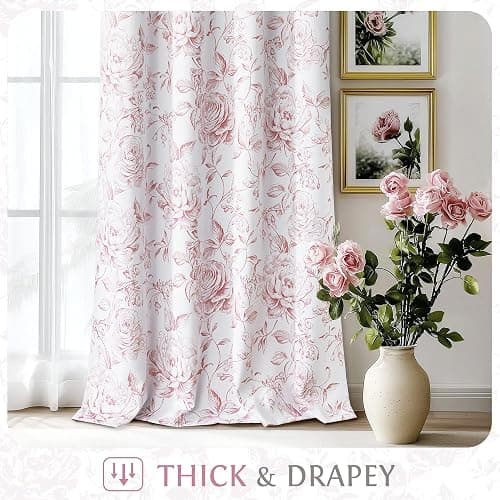 Beauoop Floral 100% Blackout Curtains 84 Inches Long 2 Panels for Bedroom Living Room Pink White Farmhouse Dusty Rose Flower Patterned Room Darkening Thermal Grommet Window Treatments Drapes, 50X84 thumbnail 6