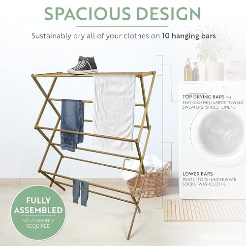 BROOKSTONE, Eco-Friendly Bamboo Drying Rack, Collapsible Laundry Clothes Hanger, 10 Hanging Bars, Minimalist Space Saving Design thumbnail 4