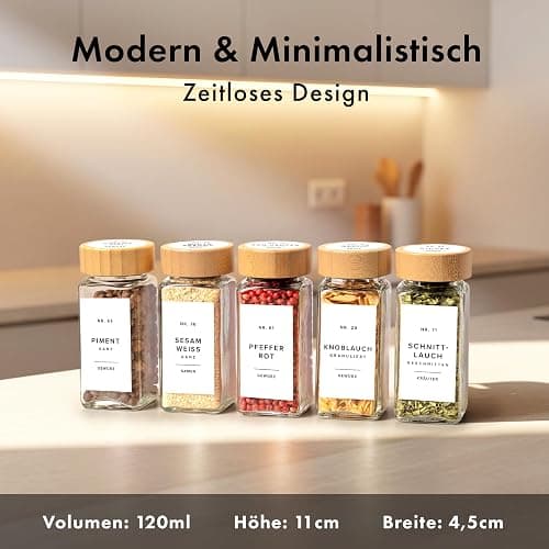 EDELHAUS Gewürzgläser Eckig Set mit Bambusdeckel (24 x 120ml) Gewürzstreuer mit Streueinsatz und 240 Etiketten Weiß - Holzdeckel Gewürzbehälter, Gewürzdosen, Gewürze organizer [11cm x 4,5cm] thumbnail 3