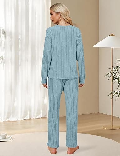 Blooming Jelly Womens Lounge Set Cute Long Sleeve Pajama Sets Casual 2 Piece Pj Outfit Fall Sleepwear Pockets - Medium - Light Blue thumbnail 3