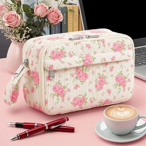 WOBAGMEN Cute Pencil Case,Large Corduroy Zippered Pencil Case Pouch, aesthetic Pencil Bag with Compartments, Pencil Pouch School Supplies (Big Pink Floral) thumbnail 2
