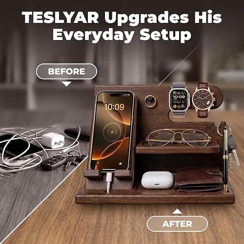 TESLYAR Wood Phone Docking Station for Men - Desk or Nightstand Organizer - Birthday Gifts for Husband, Dad - Anniversary Idea from Wife - Key Holder, Stand Wallet, Watch & Essentials (Bourbon Brown) thumbnail 3