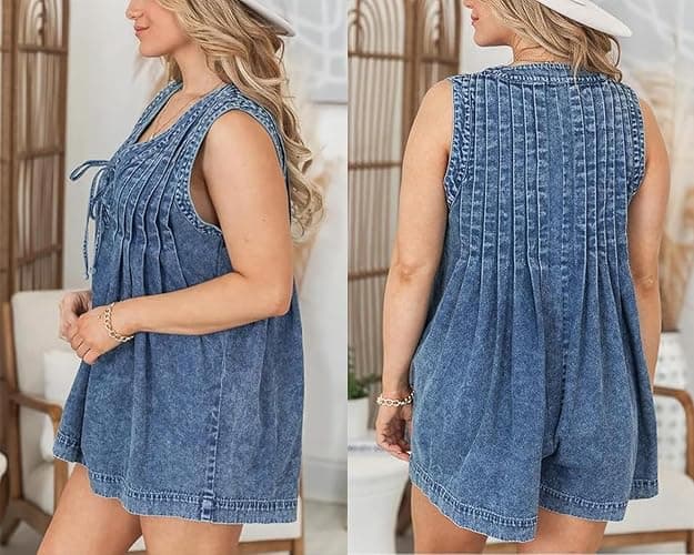utcoco Womens Summer Casual Sleeveless Denim Romper Tie Front V Neck Jean Overall Shorts Romper With Pockets thumbnail 4