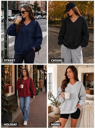 Hilinker Womens V Neck Oversized Sweatshirts Long Sleeve Pullover | Drop Shoulder, Soft Fleece, Cotton Blend, Loose Fit, Ribbed Hem, Casual Tops, Fall Winter Outfits, Everyday Wear, Lounge thumbnail 6
