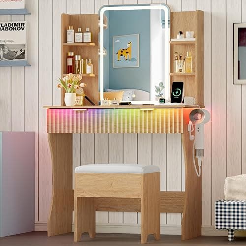 Vanity Desk with LED Lights Mirror & Power Outlet, Small Makeup Vanity Table Set with Storage Drawers & Chair, 3 Lighting Modes & Adjustable Brightness, Dressing Table for Women Girls Bedroom, Oak thumbnail 3