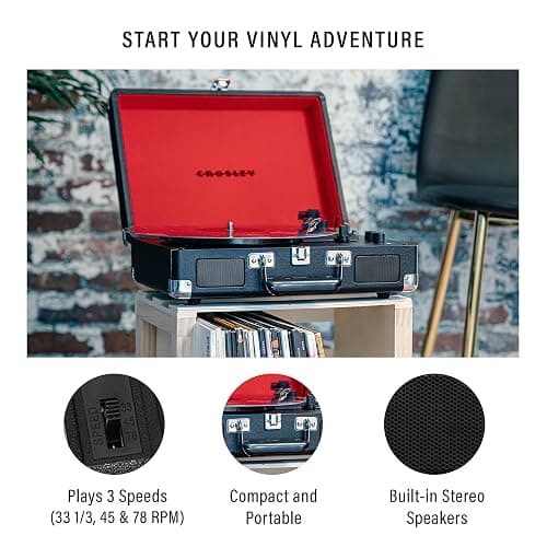 Crosley CR8005F-BK Cruiser Plus Vintage 3-Speed Bluetooth in/Out Suitcase Vinyl Record Player Turntable, Black/Red thumbnail 2