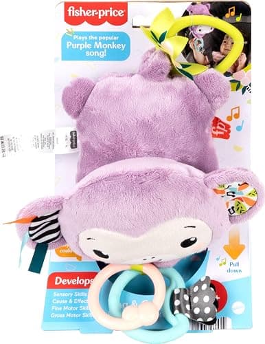 Fisher-Price Baby Stroller Toy Sing & Go Purple Monkey Musical Sensory Plush with Crinkle & Clackers for Newborns from Birth+ thumbnail 6