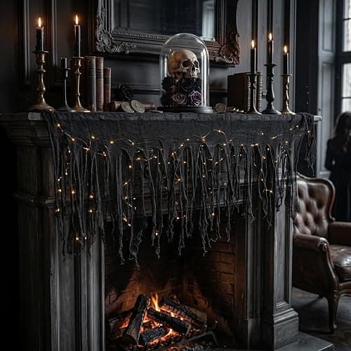 Breling 2 Pcs Halloween Creepy Cloth Black Cloth 98" x 35" Spooky Creepy Gauze with 18.04 ft String Lights Hanging Spooky Decor for Halloween Party Supplies Fireplace Window Table Doorways Decor thumbnail 7