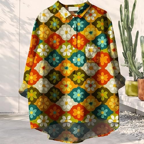 YABTF Womens 3/4 Sleeve T Shirts Geometric Whimsical Print Shirt Dressy Casual Half Button Collar Tunics Fall Top with Pocket thumbnail 2
