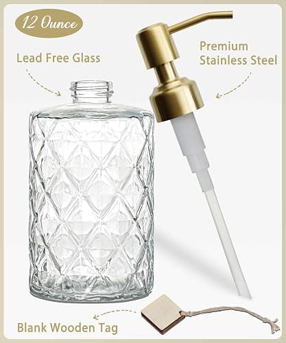 JASAI Diamond Design Glass Soap Dispenser with Golden Pump, Refillable Hand soap Dispenser for Kitchen, Soap Dispenser Bathroom for Soap, Hand soap, Dish Soap, Lotion. thumbnail 3