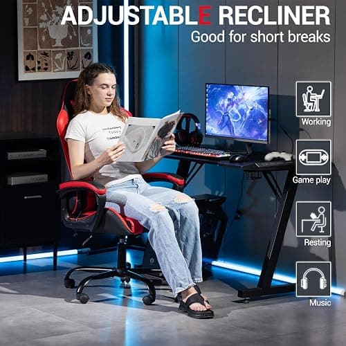 WENTUM Ergonomic Massage Gaming Chair for Kids Adults, Comfy PU Leather Office Desk Chair with Adjustable Headrest Lumbar Support 360° Swivel, Red thumbnail 6
