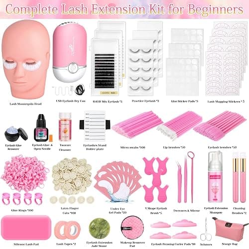 Lashes Kit for Eyelash Extension Beginners 470PCS Professional Lash Mannequin Head Practice Kit with Everything Lash Glue Lash Shampoo Lash Fan, Lash Extension Supplies for Practice Training thumbnail 2