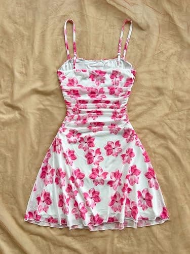 SHENHE Girl's Floral Ruched Spaghetti Strap Sundress Mesh A Line Flowy Boho Mini Dress thumbnail 2