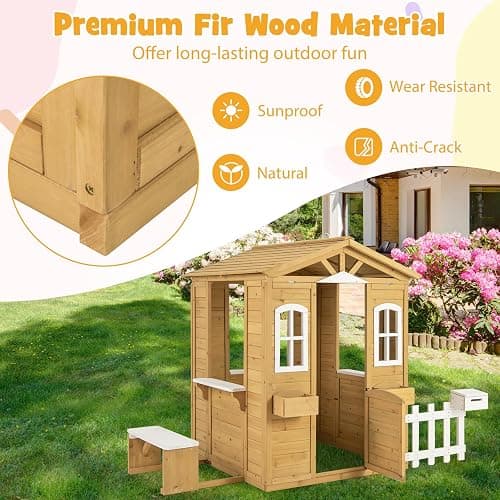 Costzon Outdoor Playhouse, Fir Wood Patio Pretend Play Center w/Bench, Mailbox, Fence, Serving Stations, Flowerpot Holders, Windows & Door, Children Play House for 2+ Years Old Kids thumbnail 7