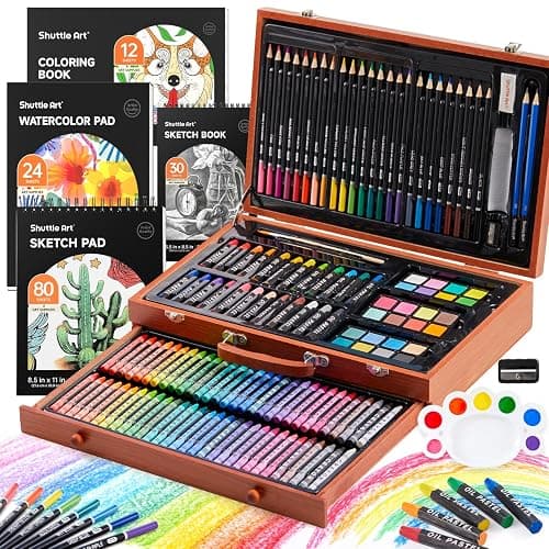 Shuttle Art 149 Piece Deluxe Art Set, Art Supplies in Wooden Case, Painting Drawing Art Kit with Acrylic Paint Pencils Oil Pastels Watercolour Cakes Colouring Book Sketch Pad for Kids and Adults - Image 1