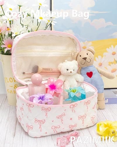 Quilted Makeup Bag Large Travel Zipper Soft Cosmetic Case for Women Girls Make Up,Bow Pink thumbnail 2
