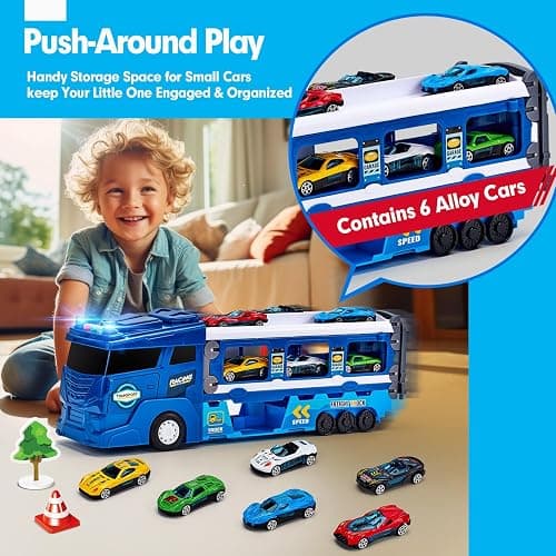hahaland Toys for 3 Year Old Boy Gift - 2 in 1 Car Carrier Transforms into Race Tracks Toys with Dual Launcher Truck for Kids Ages 3-5 - Car Sets for Boys 3 Year Old Boy Gifts thumbnail 7