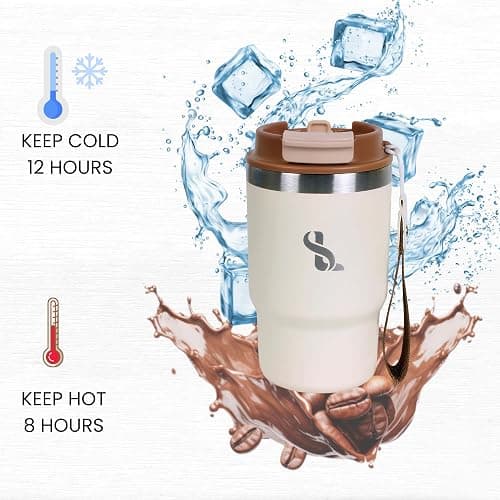 SimplyLivin Insulated Coffee Cup Travel Mug 480ml 16oz | Tumbler Flask with Straw & Spout Lid | Leakproof | 8H Hot 12H Cold | Reusable Coffee Cup | Stainless Steel Tumbler | Gift | Classic Beige thumbnail 6