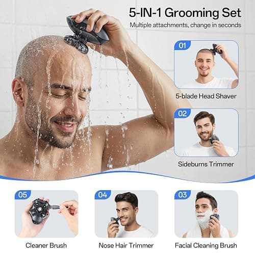 Electric Razor for Men, Head & Body Hair Shaver for Men, Cordless Rechargeable Wet/Dry Bald Head & Groin Waterproof Razor with Rotary Blades,Clippers, Beard Trimmer,Nose Trimmer, Brush (Gray) thumbnail 5