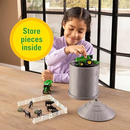 TOMY John Deere Farm Playset with Grain Bin - 1:64 Scale - Includes Grain Bin, John Deere Tractor Toys, Skid Steer, Farm Animal Toys, and Fencing - Ages 3 Years and Up thumbnail 2