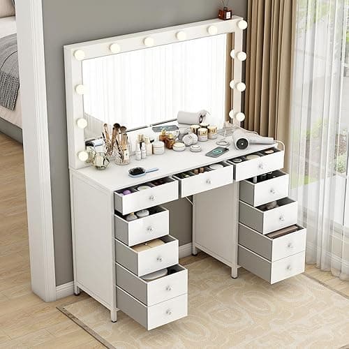 44.1" Vanity Desk with Power Outlet, Makeup Vanity with Mirror and 14 LED Light, 3 Lighting Modes,11 Drawer Vanity Table with Jewelry Storage, Cloth Drawer for Bedroom, White thumbnail 4