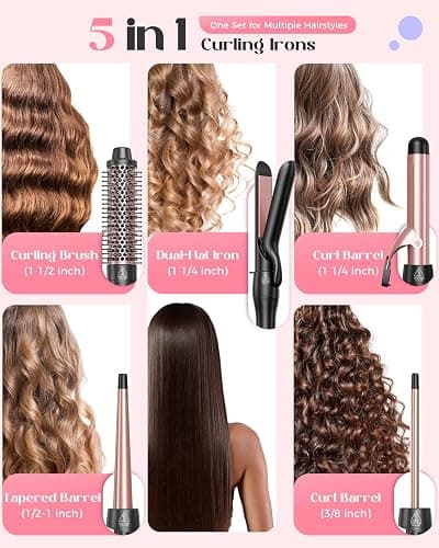 Lopeie 5 in 1 Curling Iron with Thermal Brush and 4 Interchangeable Ceramic Barrels(1/2 to 1 1/2 inch), Curling Wand Set with Flat Iron, Fast Heating, Dual Voltage Hair Curler, Gifts for Women thumbnail 2