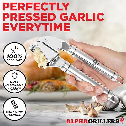 Alpha Grillers Garlic Press Stainless Steel - Easy to Clean, Rust-Proof, Dishwasher Safe - Stainless Steel Garlic Press, Mincer, Crusher with Silicone Peeler & Cleaning Brush thumbnail 2