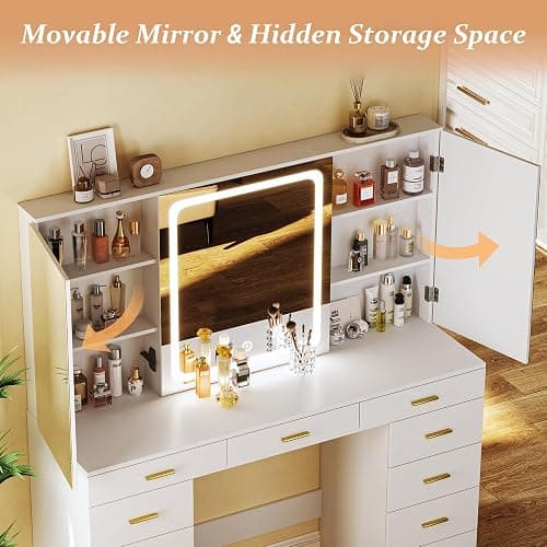 Vanity Desk with Mirror and Lights, 47.2" Makeup Vanity with 11 Storage Drawers and Hidden Storage Shelves, White Vanity with Charging Stations & 3 LED Lighting Modes Adjustable, for Bedroom thumbnail 4