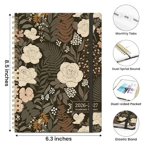 Planner 2026–2027, Academic Planner Weekly and Monthly Calendar Jul 2026 – Jun 2027 Hardcover Planner with Tabs and Pocket, Spiral Bound Agenda Book for Student & Teacher, 6.3" x 8.5", Wild Rose thumbnail 2