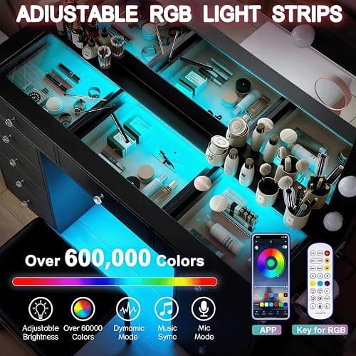Makeup Vanity Desk with RGB Lights and Large 47.2’’ Mirror, 11 Drawers Makeup Vanity with Lighted Mirror, 3 Color Option, Brightness Adjustable, Make Up Vanity with Charging Station Woman, Black thumbnail 5