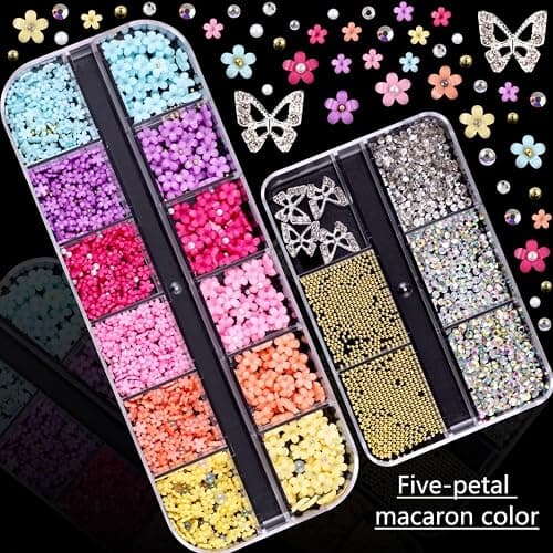 GZMAYUEN 3D Blume Nagel Charms Metall Kaviar Perlen, 3D Pastell Acryl Blume für Nägel Design, Gold Kaviar Perlen Nagel Dekorationen Gemischte Strass Kit, Kristall AB Edelsteine Nagel Diamanten Strass thumbnail 5