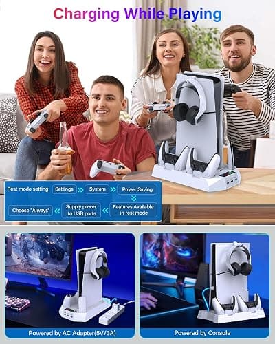 PS5/PS5 Slim/PS5 Pro Stand and Cooling Station with Dual Controller Charging Station for PlayStation 5 Console, PS5 Accessories Incl. Controller Charger, Cooling Fan, Headset Holder, 3 USB Hub, White thumbnail 8