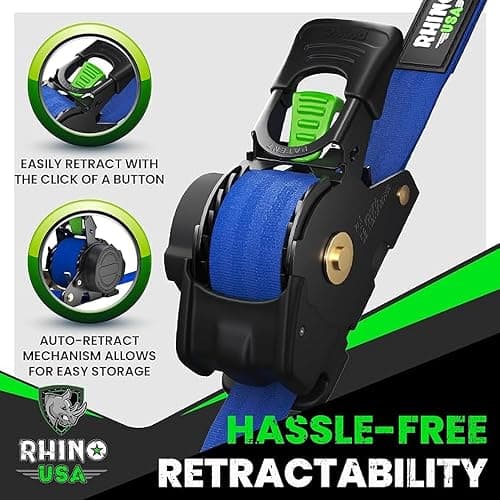 Rhino USA Retractable Ratchet Straps (2-Pack) - 1 Inch x 10 Feet (1,209lb Break Strength) - Auto Self Retracting Tie Down Straps for Truck, Cargo Trailer, Motorcycle, ATV, UTV - Blue thumbnail 3