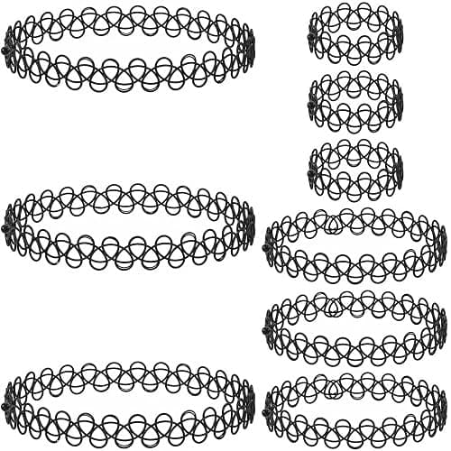 guleon15Pcs Tattoo Choker Set, Stretchy 90s Choker Necklace for Women,Black | 0.47in width, plastic, 5 sets of necklace bracelet ring, simple tattoo pattern, for 90s, retro, y2k styling, daily, party - Image 1