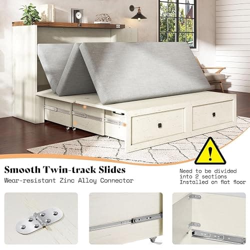 AMERLIFE Queen Murphy Bed with Storage & Charging Station, Farmhouse Murphy Cabinet with Foldable Panel, Noisy Free, for Guest Bedroom, Living Room, Office, Distressed White thumbnail 7