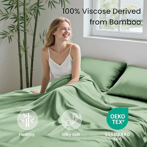 Love's cabin 4 Piece Full Size Sheet Set, 100% Rayon Derived from Bamboo, Cooling & Breathable, Soft Silky Deep Pocket up to 16", Hotel Luxury Bedding for Hot Sleepers, Sage Green thumbnail 2