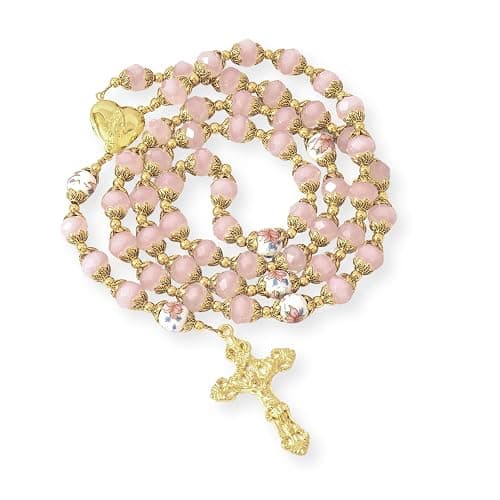 Nazareth Store Catholic Blue Crystal Beads Gold Rosary Flowers Beaded Necklace Miraculous Heart Locket Medal & Cross Religious Women Men Amulet - Image 1