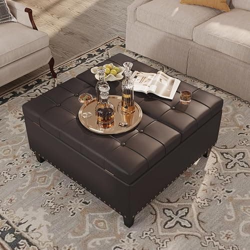 FiveWillowise Square Leather Ottoman with Storage, Faux Leather Coffee Table with Lift Top,Large Upholstered Footrest Stool Toy Box Storage Bench for Bedroom Living Room, Chocolate thumbnail 4