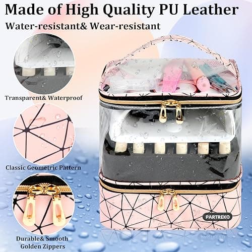 Partreko Clear Nail Polish Organizer Holds 60 Bottles (15ml/0.5fl.oz)& Nail Lamp, Double Layer Nail Supplies Organizer Case Transplant, PU Leather Nail kit Storage Bag for Manicure Tools (Pink) thumbnail 4