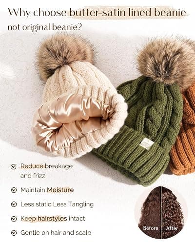 YANIBEST Womens Winter Beanie Hat Satin Lined Knitted Beanie Hat Warm Soft Ski Cuff Cap with Pom Pom thumbnail 2