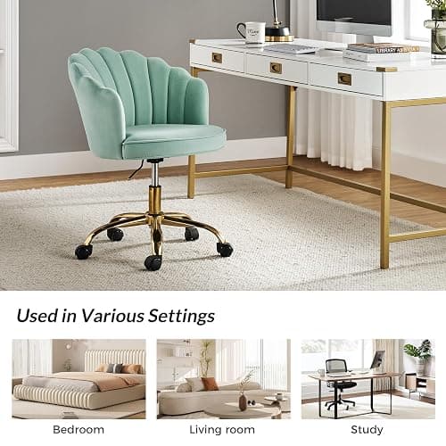 HULALA HOME Velvet Home Office Chair with Gold Base, Womans Modern Cute Shell Back Upholstered Desk Chair for Vanity, Adjustable Swivel Task Chair for Living Room, Sage thumbnail 6