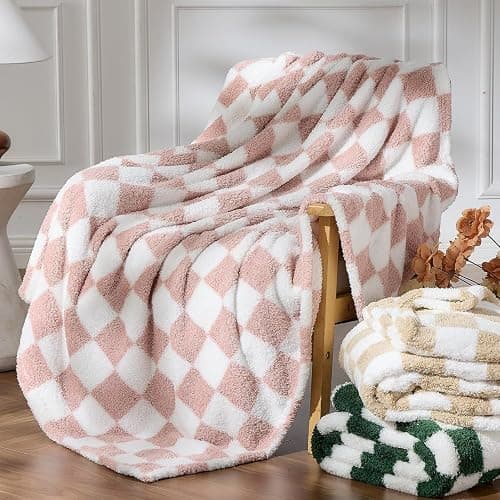 NEWCOSPLAY Knitted Pink White Checkered Blanket Super Soft Plush Throw for Couch Fuzzy Fluffy Microfiber Lightweight Blanket for Bed Sofa All Season Use (Pink White, Twin(60"x80")) thumbnail 4