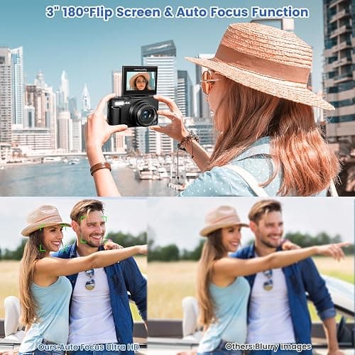 4K Digital Camera for Photography, 64MP Vlogging Camera for YouTube with 3" 180°Flip Screen, 18X Digital Zoom HD Autofocus Compact Camera with WiFi,Flash,32GB TF Card & 2 Batteries(Black) thumbnail 5
